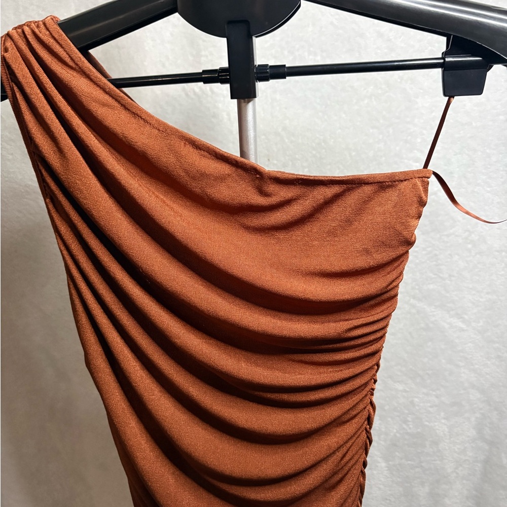 MARBLE Rust Orange Draped Dress - Picture 2 of 6